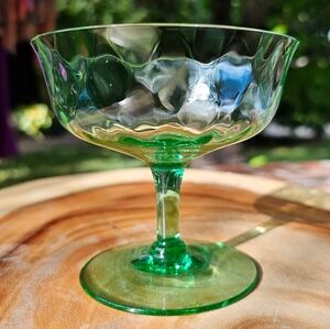 Vintage Tiffin Diamon Optic Uranium Green Glass Coupe Goblet